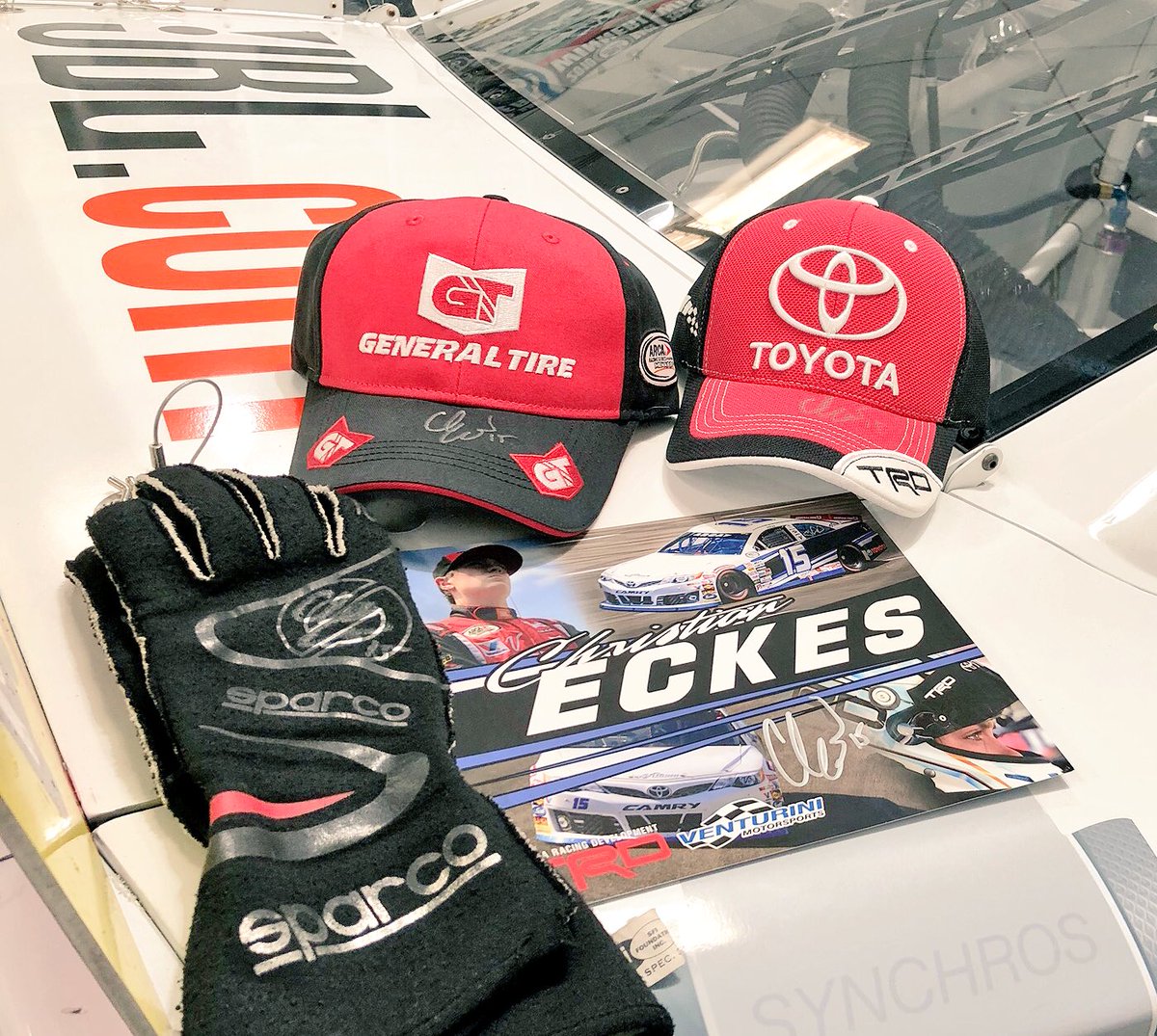 christianeckes's tweet photo. GIVEAWAY!

It's race week. And I'm giving away signed @ToyotaRacing @GeneralTire Victory Lane hats, @SparcoOfficial race gloves and autographed hero card to one random race fan. 

Retweet for your chance to enter &amp; win! https://t.co/KMDuAOboSQ