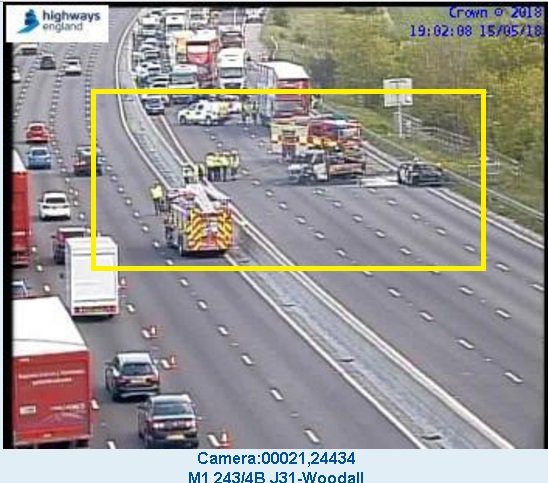 HighwaysYORKS's tweet photo. #SouthYorkshire  The vehicles involved in the collision which then caught fire, #M1 northbound J30 - J31, have been extinguished by @SYFR  If you're a motorist caught-up in the delays, your continued patience is genuinely appreciated.  More here: https://t.co/8uTH6oYt9o https://t.co/lBQv6csL46