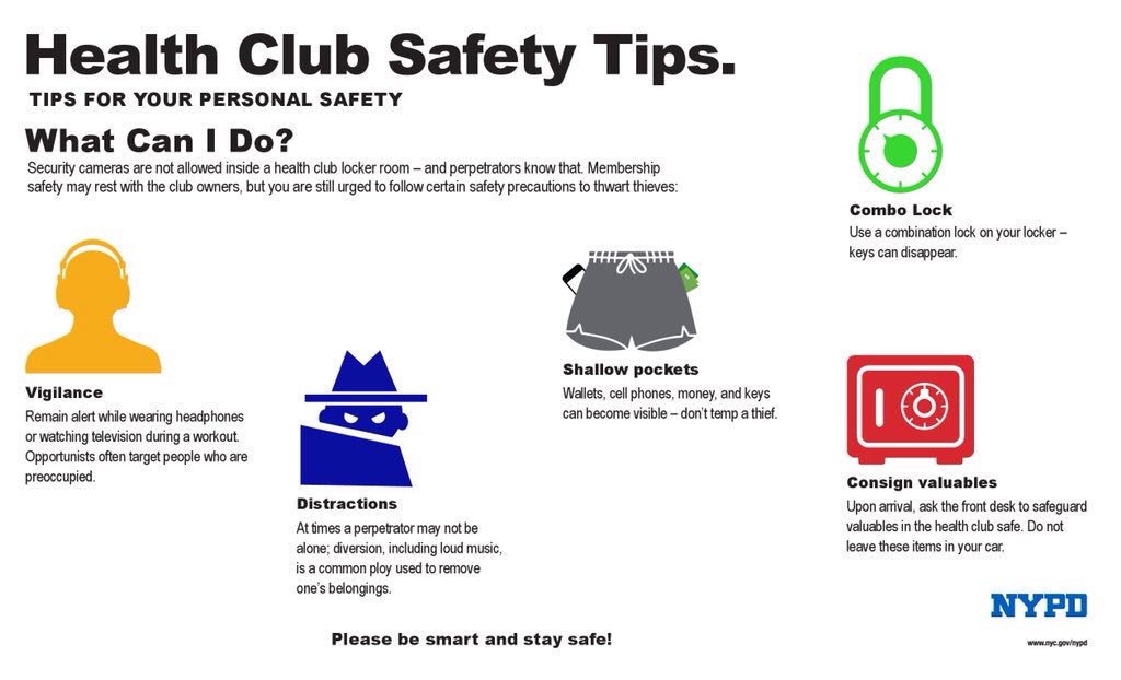 NYPD104Pct's tweet photo. As everyone is getting ready for the summer, hitting the #fitness and #health clubs. Here are some tips from the #104Precinct for your safety and protection of your valuables. #NYPDConnecting #NYPDprotecting https://t.co/4x4HG37BaL