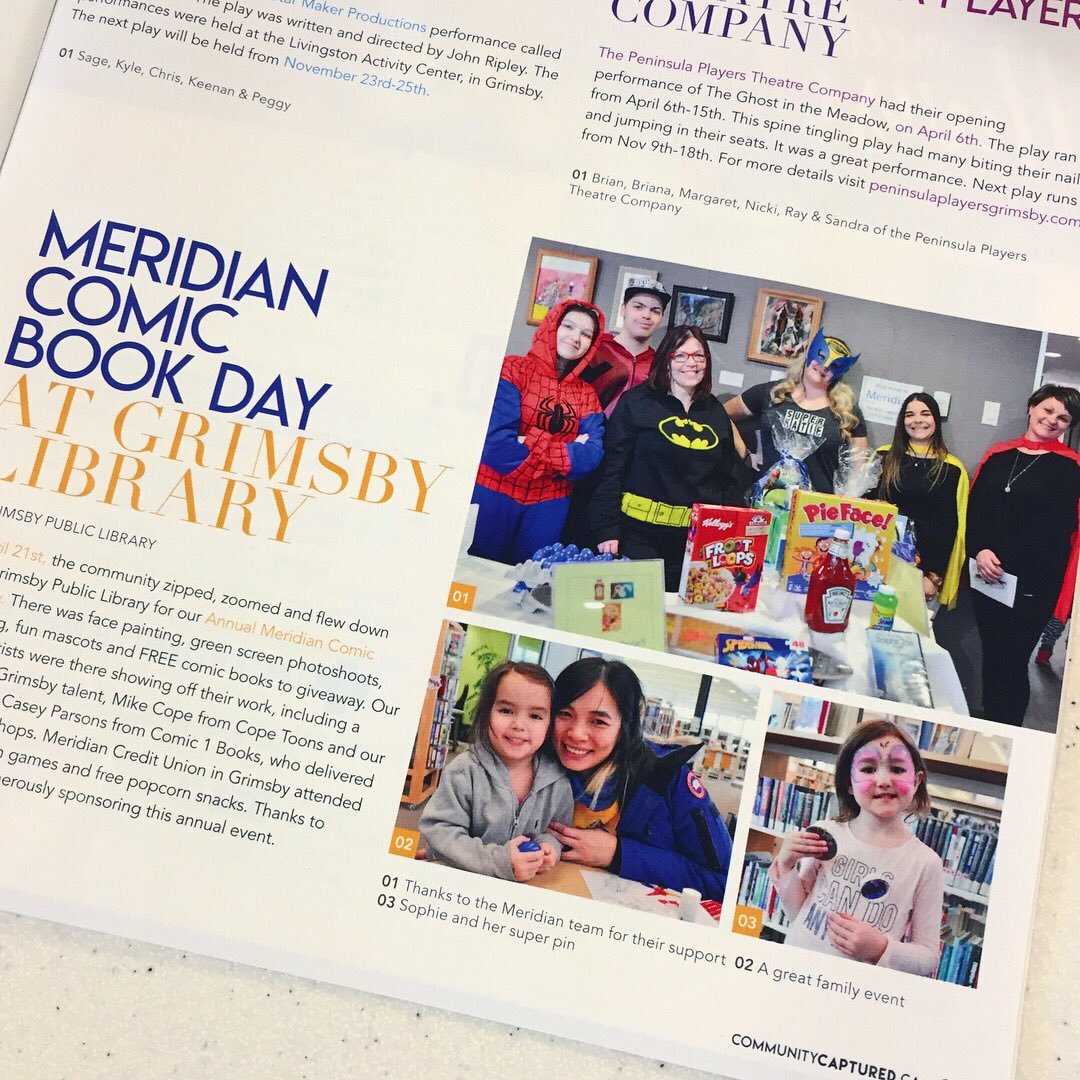 GrimsbyLibrary's tweet photo. Thanks so much to #CommunityCaptured Niagara for including #MeridianComicBookDay in their latest issue - We couldn’t be more delighted to be featured (with this adorable pic of Hailey) on the front cover! @cm_captured @MeridianCU @TownofGrimsby https://t.co/Leynk41F6z