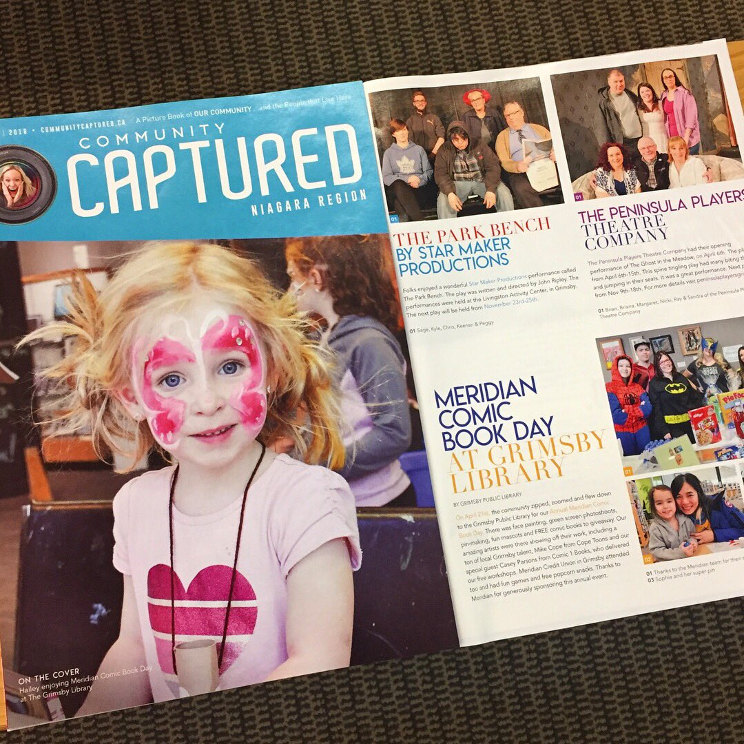 GrimsbyLibrary's tweet photo. Thanks so much to #CommunityCaptured Niagara for including #MeridianComicBookDay in their latest issue - We couldn’t be more delighted to be featured (with this adorable pic of Hailey) on the front cover! @cm_captured @MeridianCU @TownofGrimsby https://t.co/Leynk41F6z