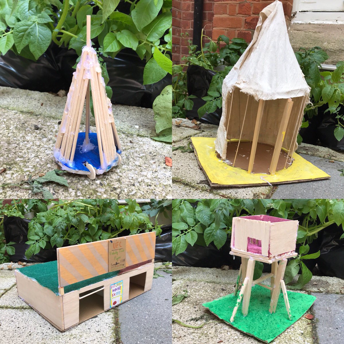 DonheadArt's tweet photo. More shelters built by our Elements year nestling in our lovely little courtyard on this beautiful afternoon! #texturedpaint #teepee #treehouse #restaurant https://t.co/gGjRx4Bg5f