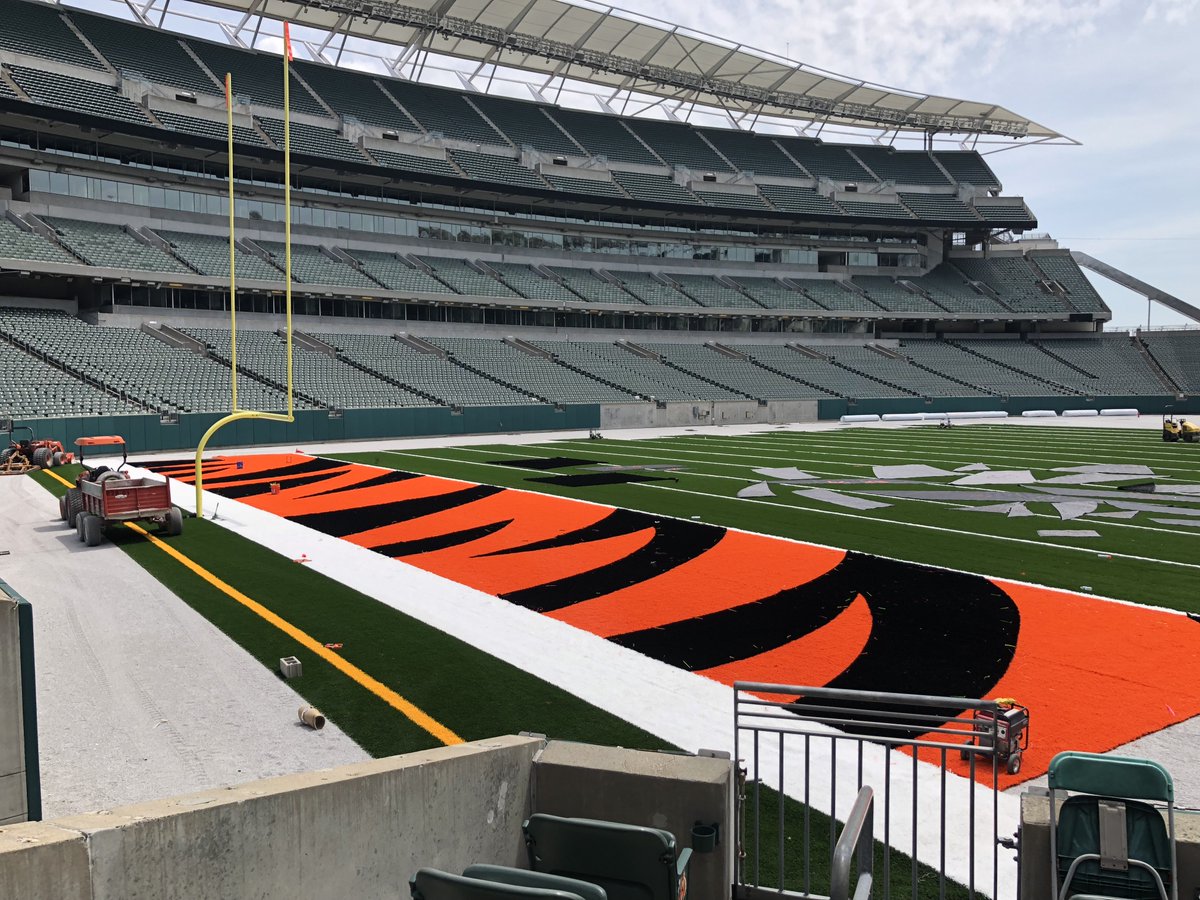 Bengals orange endzone with tiger stripes being installed