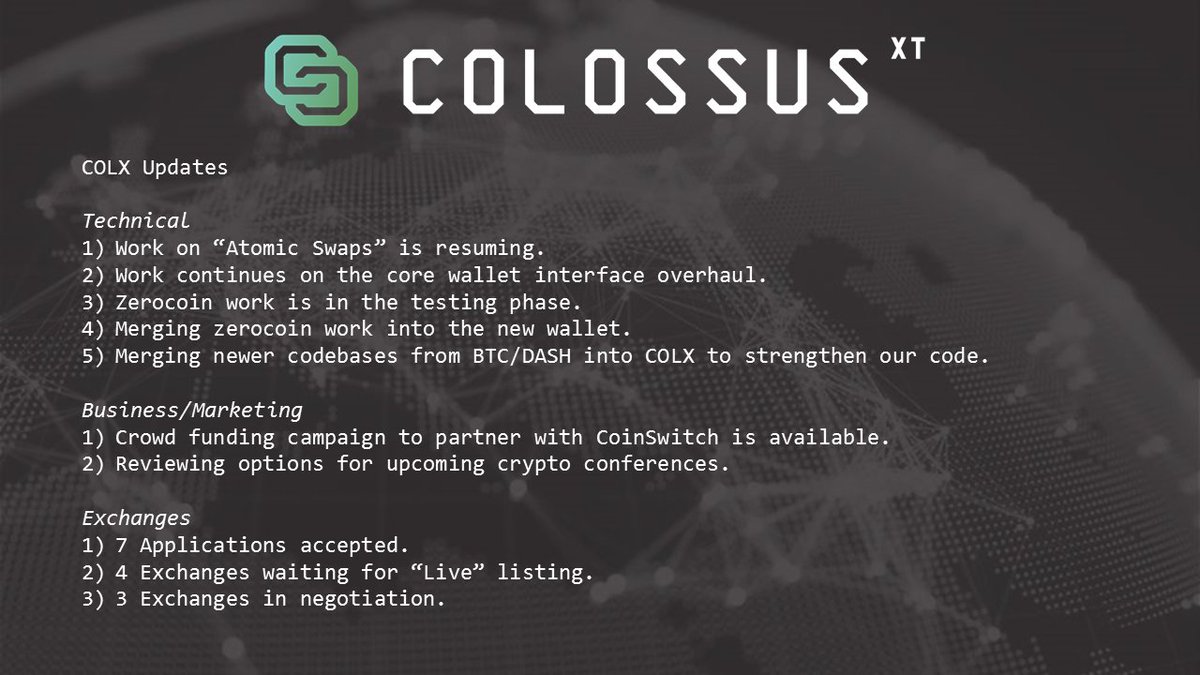 ColossusCoinXT's tweet photo. $COLX community,

Small update for the beginning of the week.

Also, please continue to support our crowdfund campaign!  Almost 25% complete.
https://t.co/WhDRP7jTyO

#spreadthegrid
#colx
#crypto
#cryptocurrency
#privacycoin 
#masternodes https://t.co/w5nCPq34mq