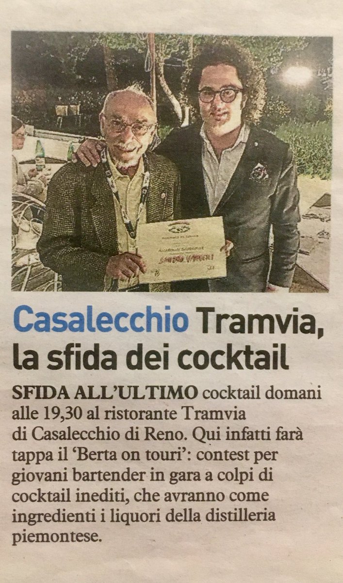 Tramvia's tweet photo. Vi aspetto domani sera al Tramvia per la serata Berta on Tour “Articolo su Il Resto del Carlino di martedì 15 maggio 2018” #grappaberta #grappa #bertaontour #ilrestodelcarlino #ristorantetramvia https://t.co/LbfCFOhiV6