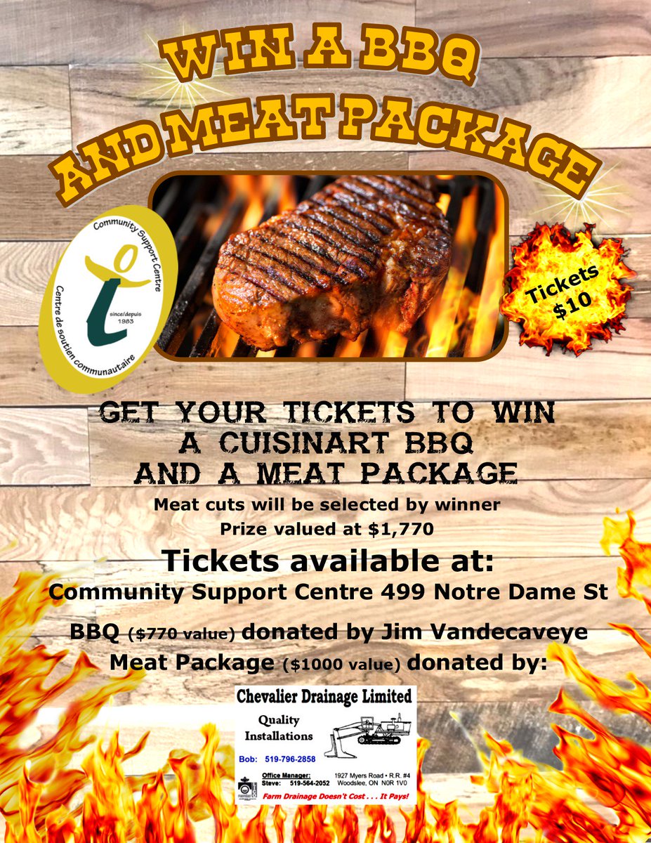 CscEssexCounty's tweet photo. Some great prizes to be won at the CSC! You could win a trip for 2 to Toronto to catch a hockey game or a BBQ and Meat Package. Tickets are only $10 each! #whynotgetbothtickets #itsforagoodcause #supportCSC #lakeshore #sxcounty https://t.co/WUwp0tz3Os