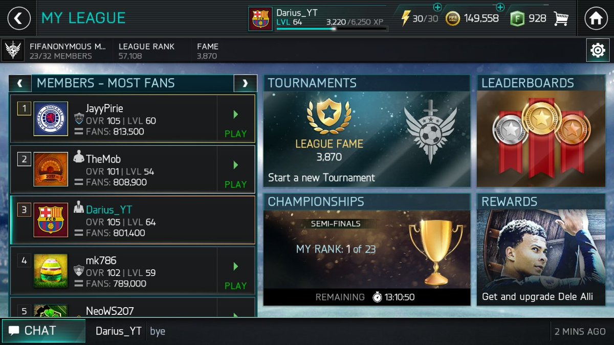 FCBDari's tweet photo. #LeagueUpdate #FMCrew #FIFAMobile
Another win! We managed to get some high-rated players in our league, also i kicked 7 of my members! Told them: INACTIVITY=KICK!

Tomorrow you'll see the new rules!

Admins: @MuzammilParkar1 @MarkJam25 https://t.co/RwGdfm5DiM