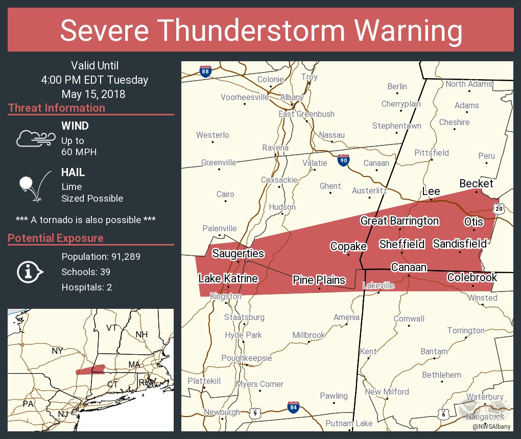 NWSAlbany's tweet image. Severe Thunderstorm Warning continues for Saugerties NY, Lake Katrine NY, Great Barrington MA until 4:00 PM EDT