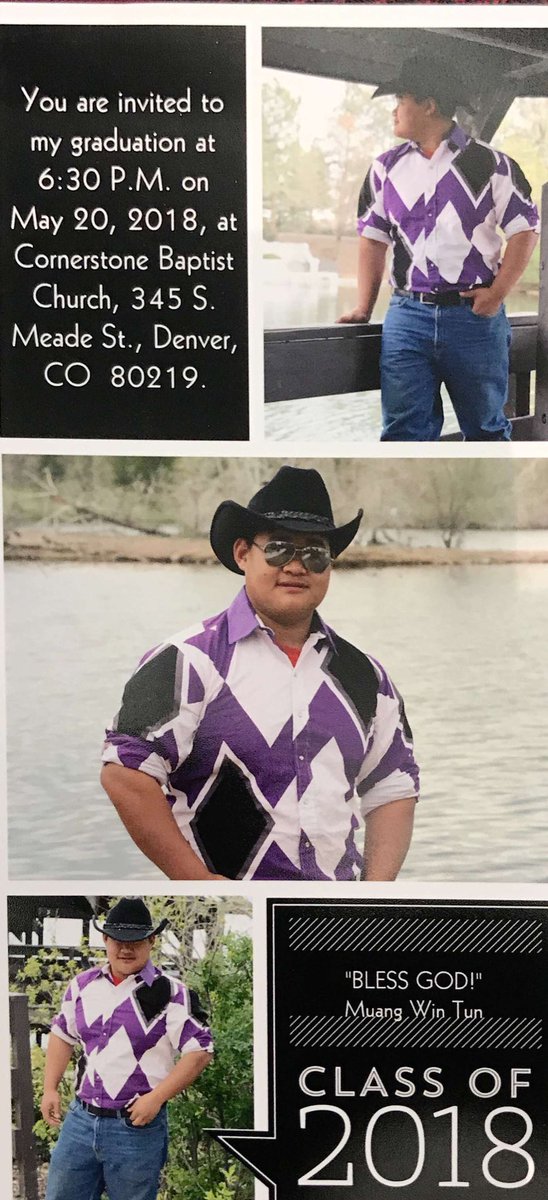 CBCDenver's tweet photo. Congratulations!  Join us this Sunday Evening as Maung Graduates from Denver Baptist Schools-May 20, 2018, @CBCDenver with @GabeSkillo preaching. https://t.co/Ua0n4bGLia