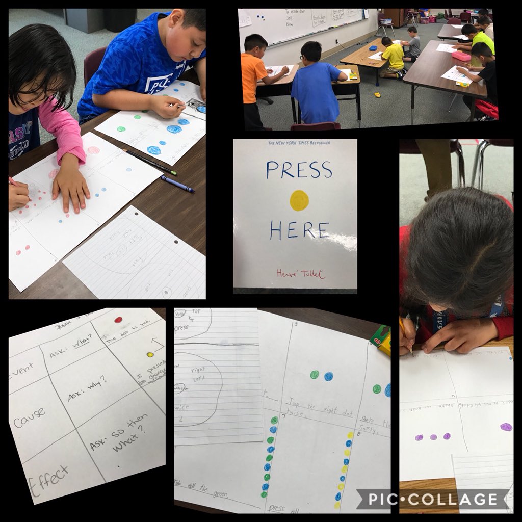 MLDavidson87's tweet photo. These #2ndgrade #ELL @SumnerElem Ss were so inspired by @HTullet book Press Here! They took action with @AVID4College #circlemaps and #3columnnotes to make their own Press Here book creations! Their dots are doing some fun tricks😊Final copies coming soon!! @mr_pline @MrsJannsen https://t.co/WpVuub9HGP