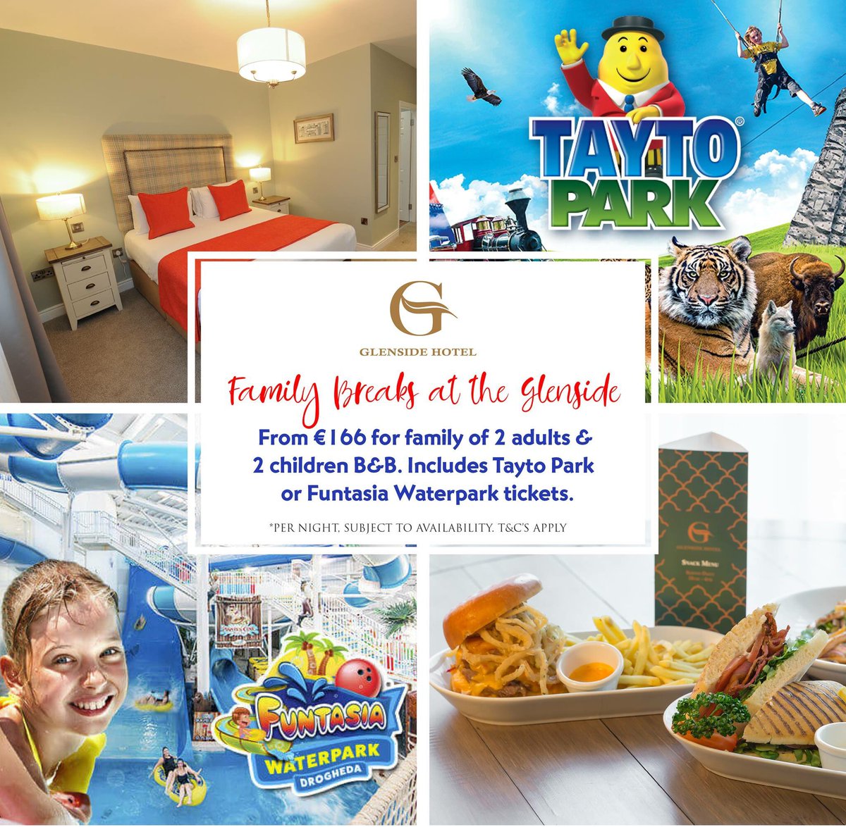 Family Packages at the Glenside Hotel from €166 for family of 2 adults 2 children.  Includes Tayto Park or Funtasia Waterpark tickets.
Book Now: glensidehotel.ie #holidays #louthchat #taytopark #funtasia #familybreaks #family #antainarts