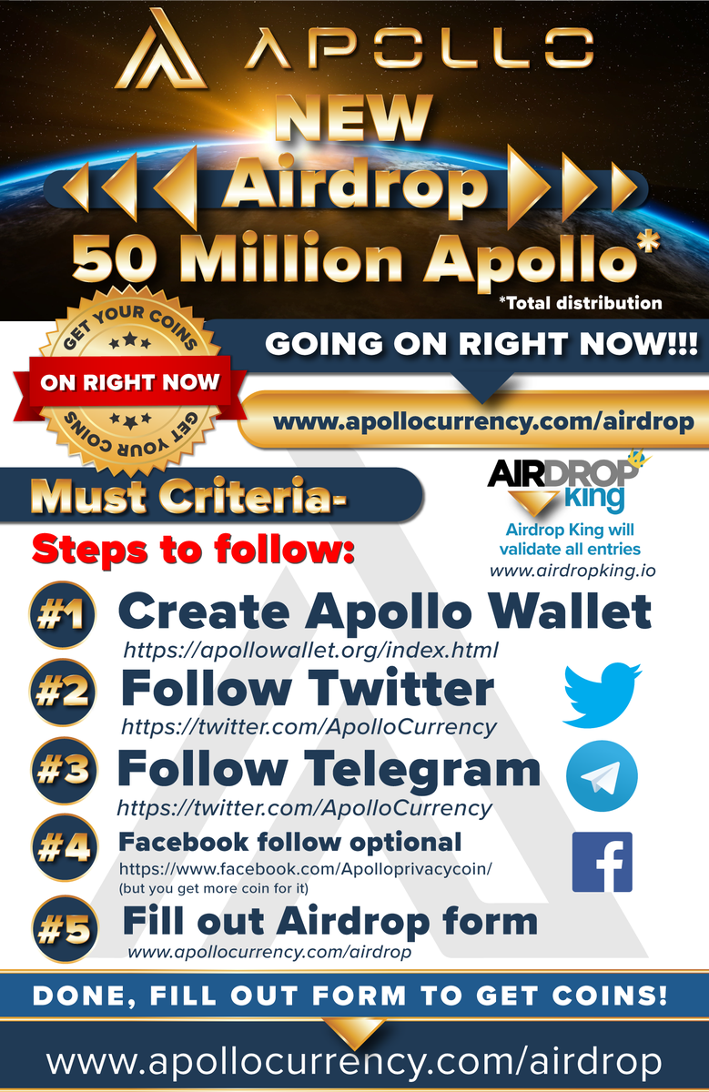 ApolloCurrency's tweet photo. Airdrop Live Now! We are live everyone. Tell a friend and go get your coins!
Use code KING20 as referral code when filling out the form to be eligible to receive additional 500 tokens. 
#apl #crypto #coin #currency #apollocurrency #apollo https://t.co/9Cp34VOUvz