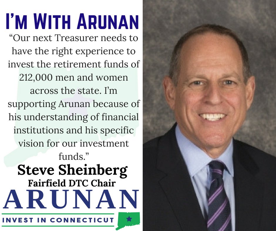 I'm proud to have the support of State Representative <a href="/CMcCarthyVahey/">C. McCarthy Vahey</a> and Fairfield Democratic Town Committee Chair @StevenSheinberg. Join our growing team at ArunanForCT.com! <a href="/FairfieldCTDems/">Fairfield Democrats</a>