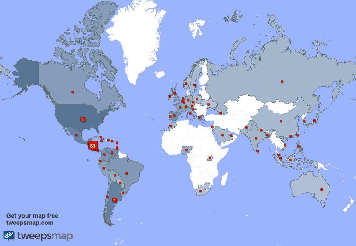 My followers are in Nicaragua(83%), USA(5%)
Get your free map tweepsmap.com/!ShantallLacayo
