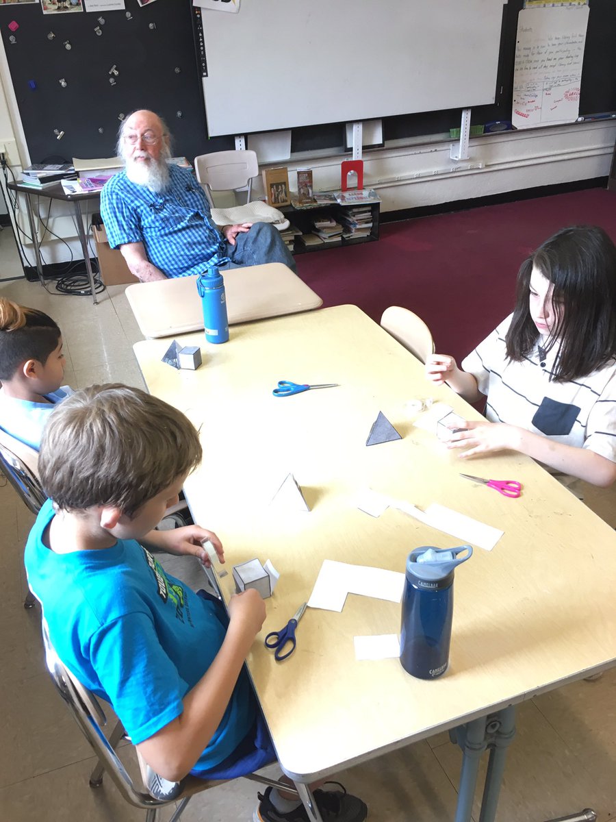 MrjVolpe's tweet photo. Thank you @Cornell Professor Robert Strichartz for coming in and helping us better understand Polyhedral / Platonic solids. #4thgrade #math #mathisfun #platonicsolids #regularpolyhedra #MathDiscovery #handsonlearning https://t.co/DNOisF35bk