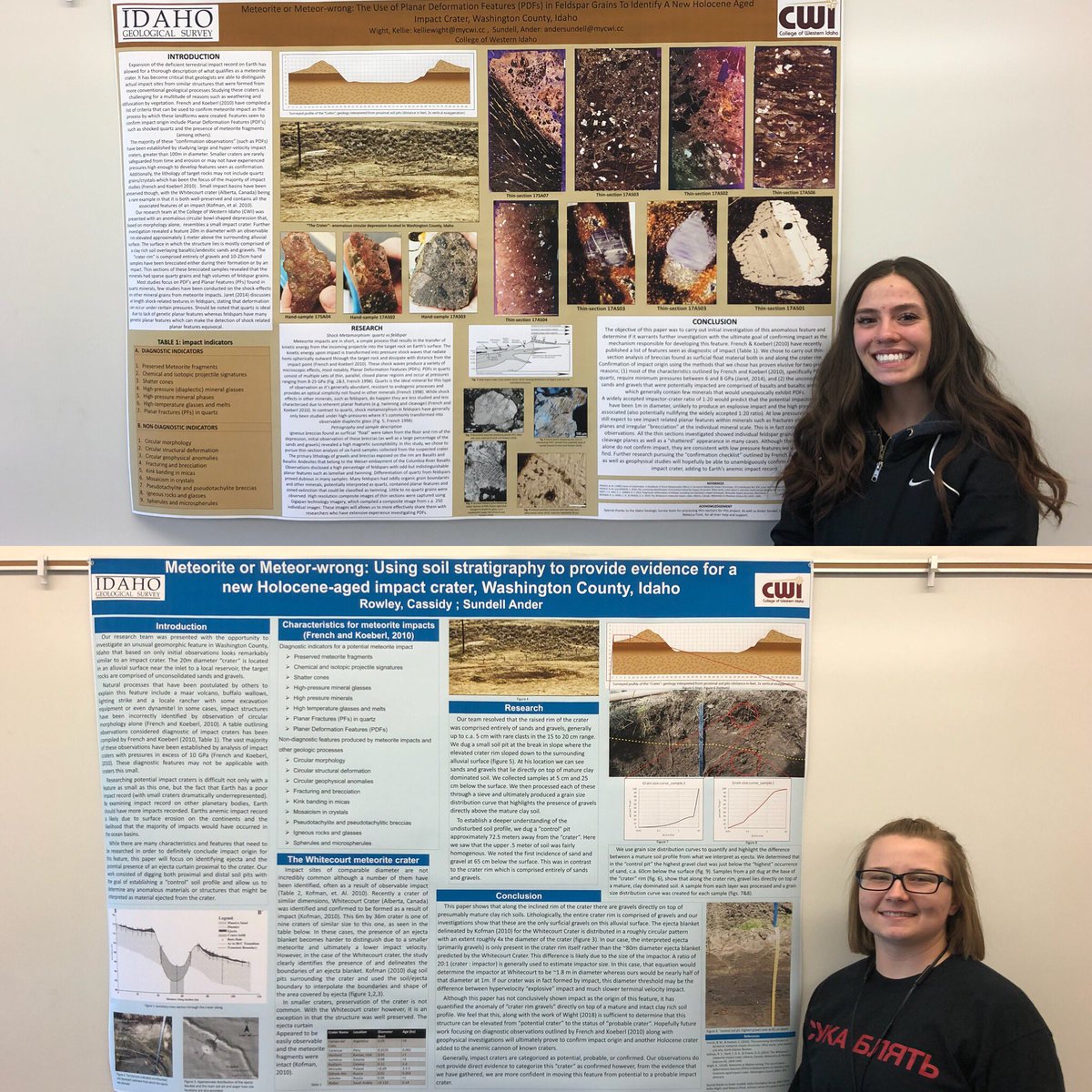 So proud of Kelly Wight and Cassidy Rowley from #CWI! These sophomores are both presenting posters in the undergrad research poster session Tuesday afternoon! Way to go girls! #mightycwi  #RMCDGSA2018 #cwigeology #impactcrater #meteorite @IDGeoSurvey @geosociety