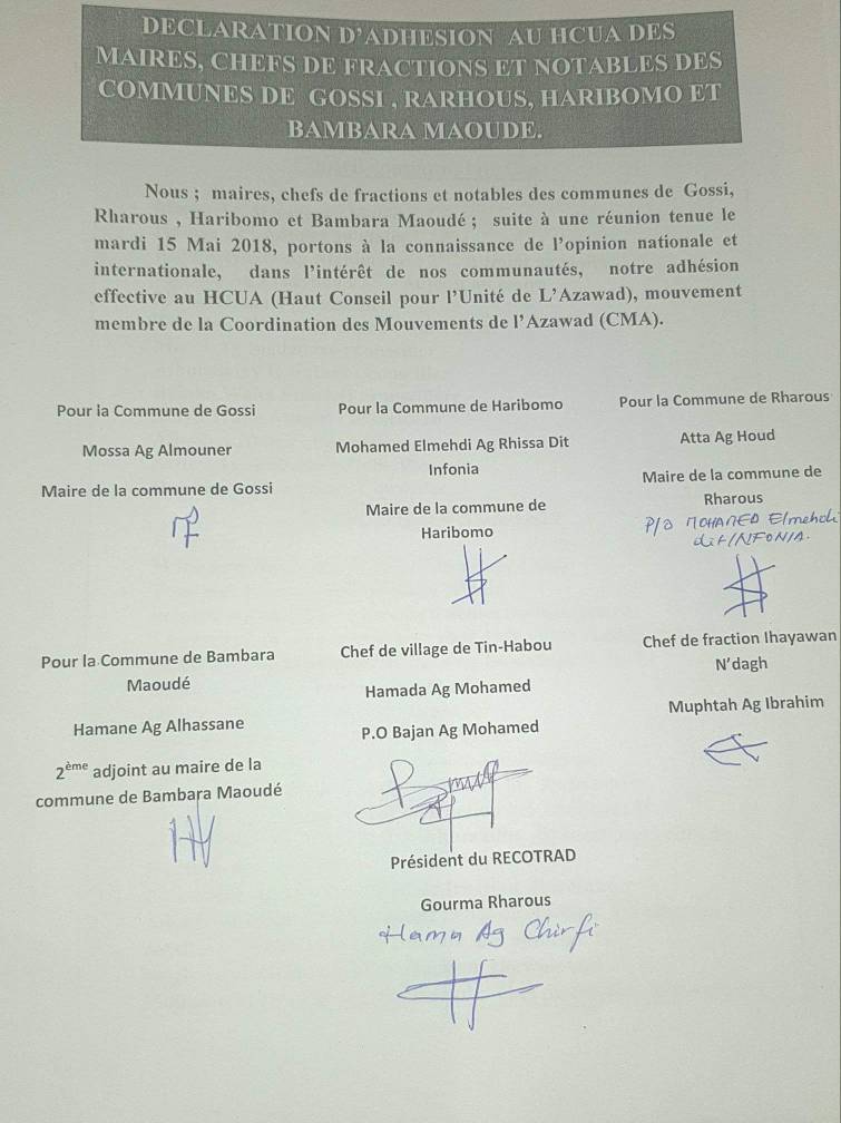 Walid_Leberbere's tweet photo. #Sahel #Tombouctou
Plusieurs notables, maires, leaders de la zone d'#Arabanda dans le cercle de #Gourma_Rarhous, militants du #Gatia (Plate-forme) ont signé leur adhésion au #HCUA (CMA) ce jour mardi 15/05 à #Bamako https://t.co/cnUSQjkV0A