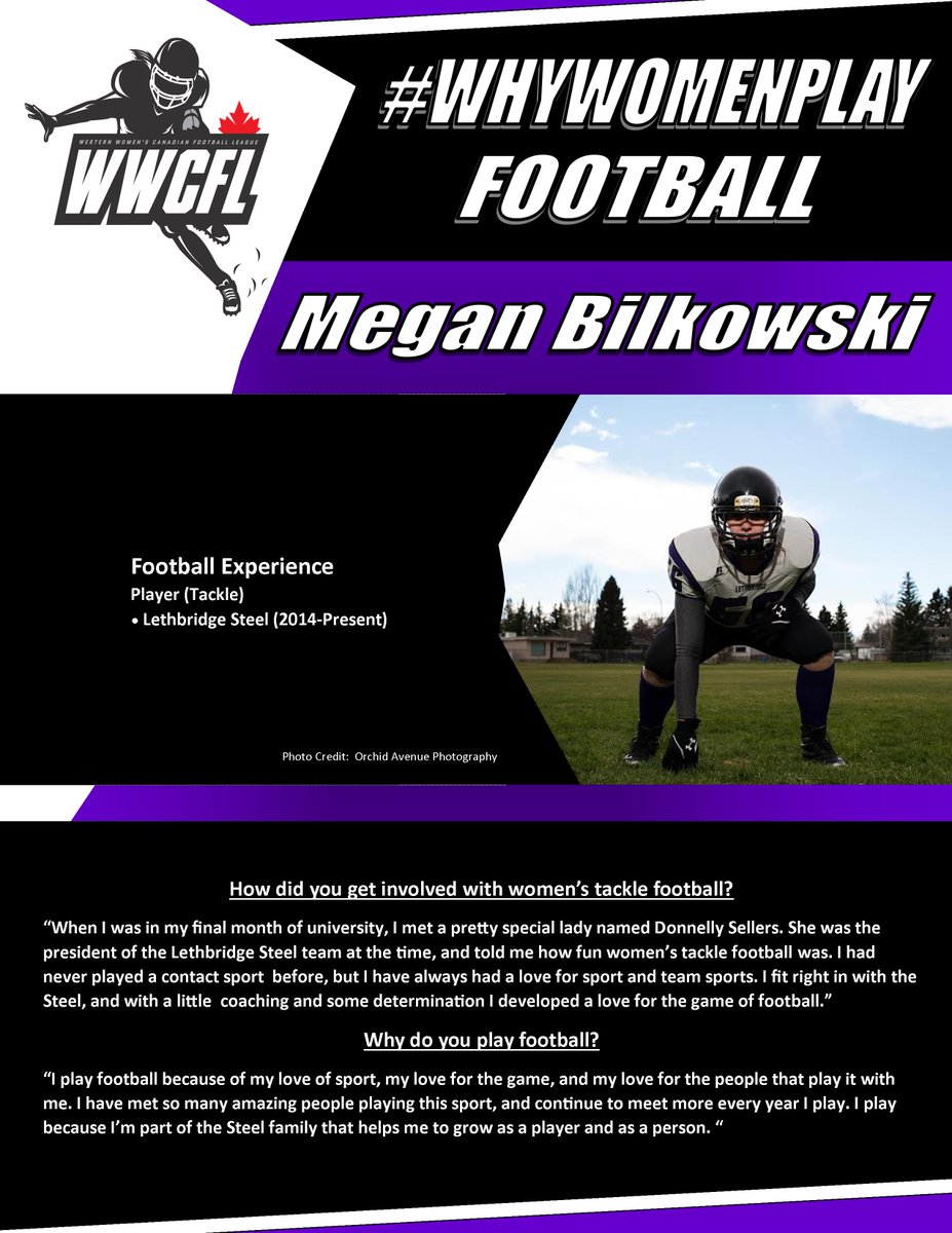 Like many of our players, Megan Bilkowski of the <a href="/LethbridgeSteel/">Lethbridge Steel</a> hadn't participated in a contact sport before football. It didn't take long for her to get hooked on the feeling! #whywomenplay    facebook.com/wwcfl/photos/a…