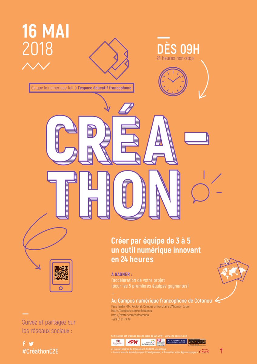 AUFBenin's tweet photo. #CréathonC2E  2018 !
Nous y sommes.
24 heures de création partout dans le monde.
15 équipes, soit 57 participants vont concourir depuis le CNF de Cotonou de afin de donner vie à un projet unique autour de l’éducation, du numérique et de la francophonie.

Le programme ici. https://t.co/UDzwn0hyVI