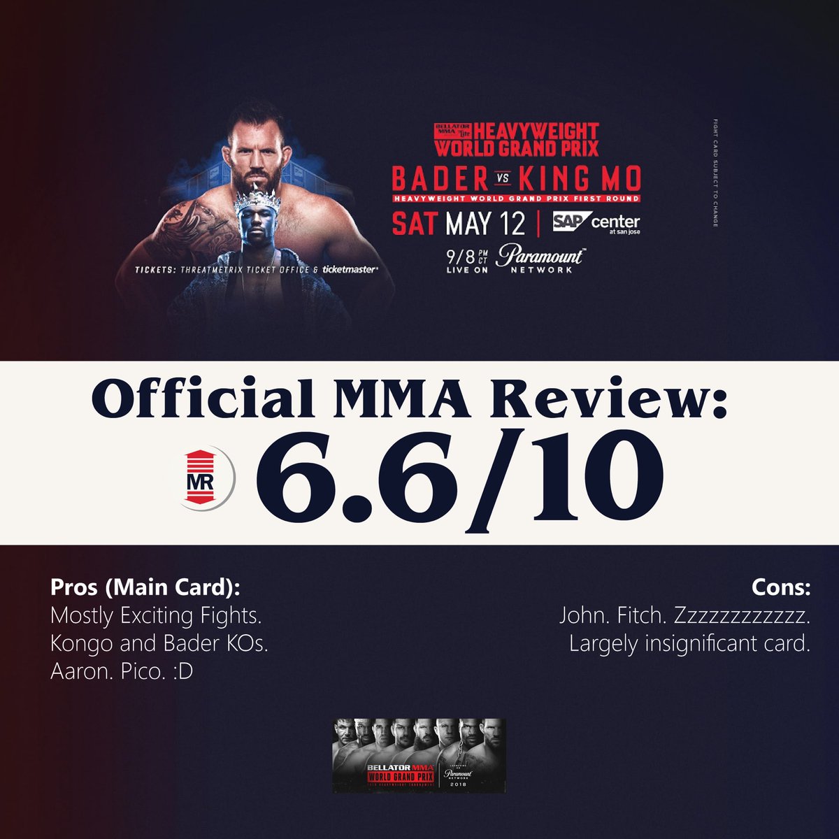 themmareview's tweet photo. Another decent card from @BellatorMMA. Amazing showings from @ryanbader, @kongo4real, and @AaronPicoUSA! But wow, @jonfitchdotnet put on a snooze fest against @PaulSemtexDaley. “Boooooo.” Classic. #Bellator199 #Bellator #bellatormma https://t.co/IN4lkLDq0U