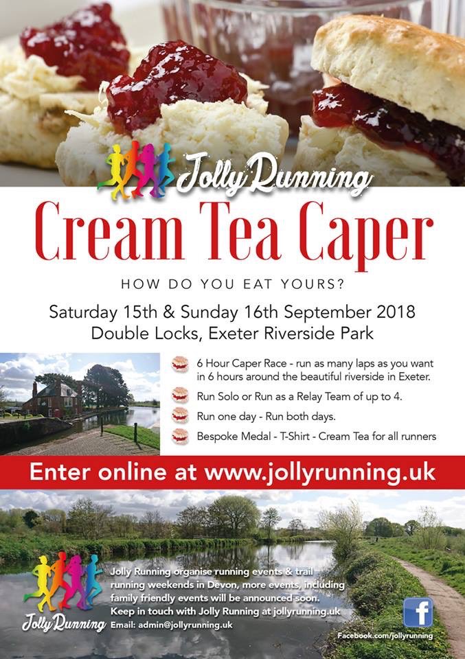 The Cream Tea Caper - Run Solo or Run as a Relay Team. Riverside location, race HQ is a pub garden, bespoke medal, t shirt and takeaway cream tea for everyone that completes a lap. Jollyrunning.uk