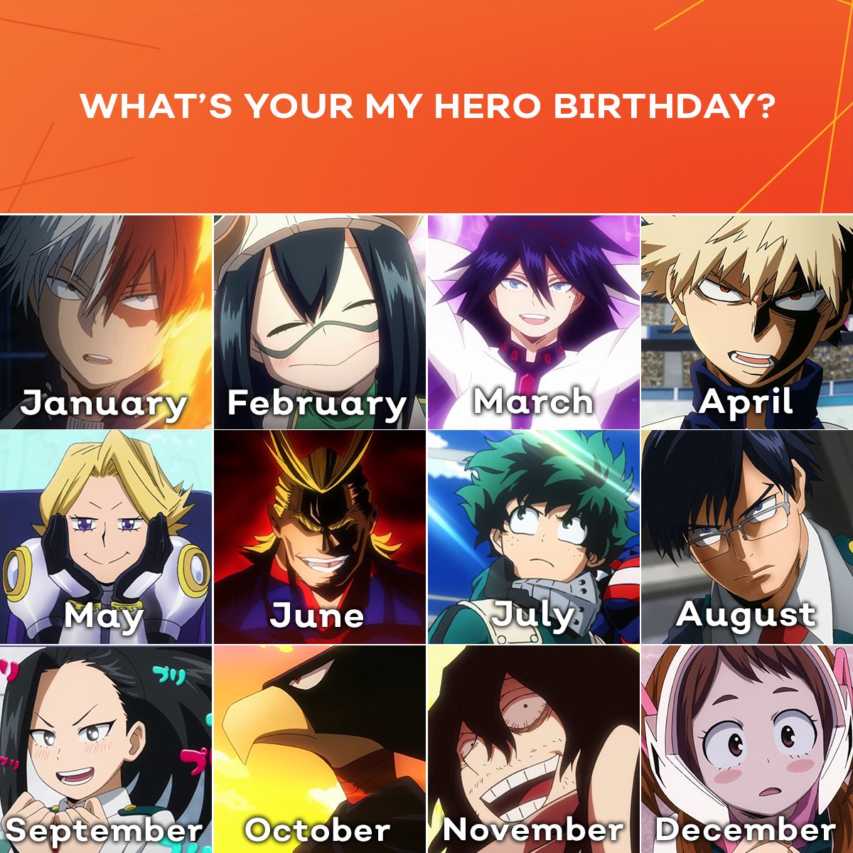 Crunchyroll's tweet photo. Which hero are you based on your birthday month?? ✨ https://t.co/19Moh9Kqtd