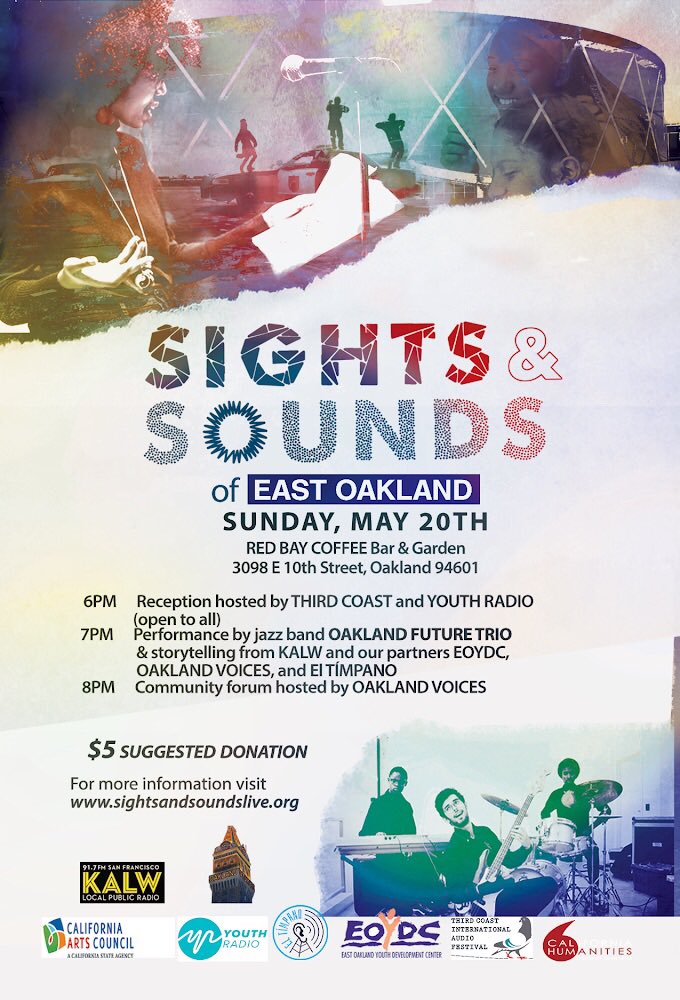 oaklandfuture's tweet photo. This Sunday join us for #SightsandSounds! Red Bay Coffee will host the East Oakland version starting at 6pm. Come show them how we do it! - 3098 E. 10th Street - $5. With OaklandVoices, #EDOYC, #KALW and #ElTimpano. #OFT3 https://t.co/Ud933YI1we