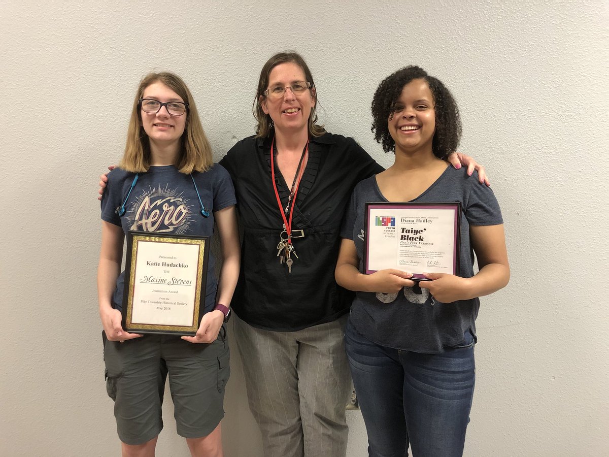 pikeybk's tweet photo. Congratulations to this year’s journalism award winners! Katie Hudachko—winner of the Maxine Stevens award and Taiye Black—winner of the 1st Diana Hadley honor roll award, sponsored by the Indiana High School Press Association! https://t.co/5r2O9Sddb2