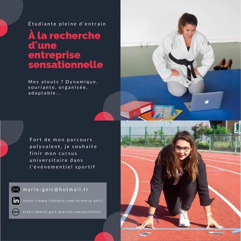 mariegoic's tweet photo. 🆘 Cher réseau, j'ai besoin de toi ! À mon tour de vous partager ma recherche d'alternance

🔍 Quoi? Une entreprise en lien avec l’événementiel sportif (fédération, club, marque sportive -@NikeFrance ?- agence, etc...)

Likes et partages appréciés ! Merci beaucoup 😃 https://t.co/hBIqX9fvXs