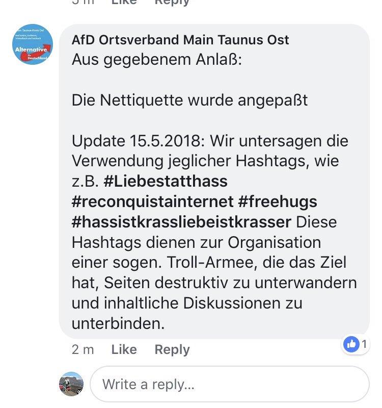 Hallo liebe <a href="/AfD/">AfD</a> Main-Taunus. Glaubt ihr wirklich, dass geblockte Hashtags Liebe, Nettigkeit und Sachlichkeit aufhalten werden? 

#ReconquistaInternet #LiebeStattHass #AufklärungZweiPunktNull #GrundgesetzFirst #HassIstKrassLiebeIstKrasser #DefendEurope #ReconquistaGermanica