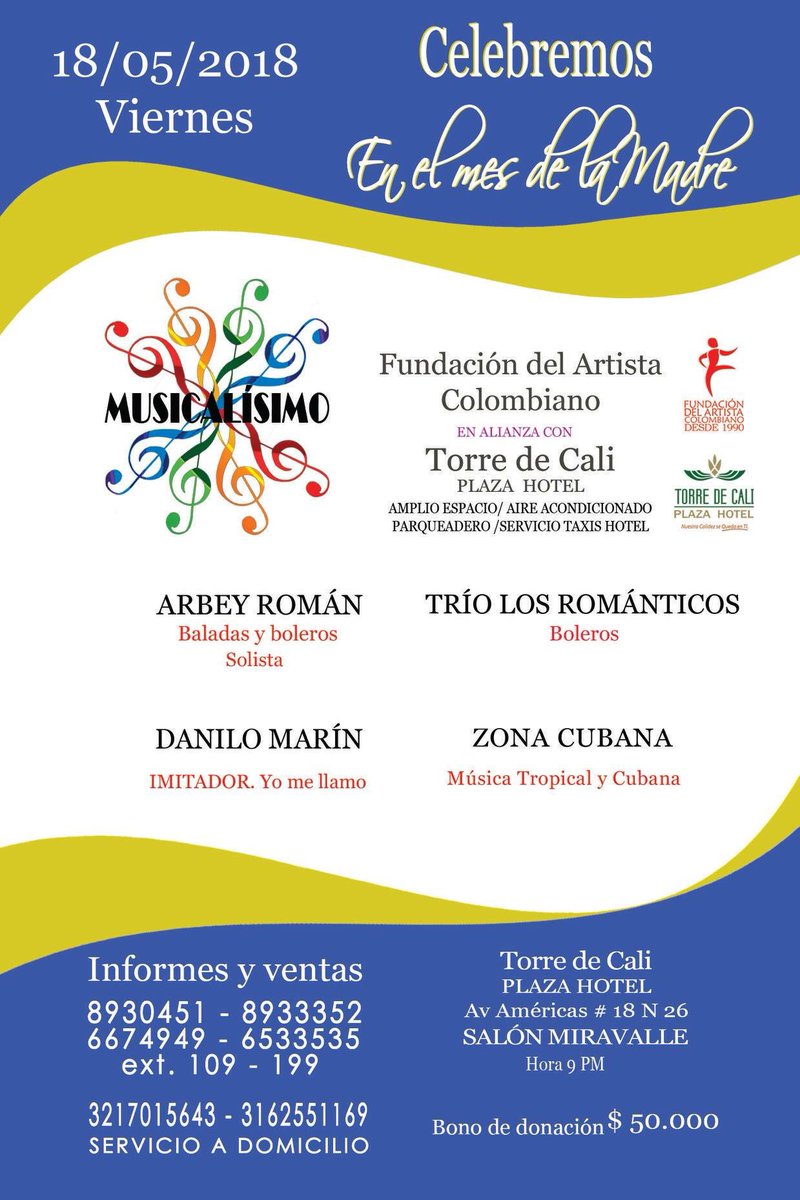 En el mes de las madres qué mejor regalo que un concierto de boleros y baladas en el Torre de Cali Plaza Hotel 😀🎆🎶

Te esperamos este 18 de mayo 💕💃