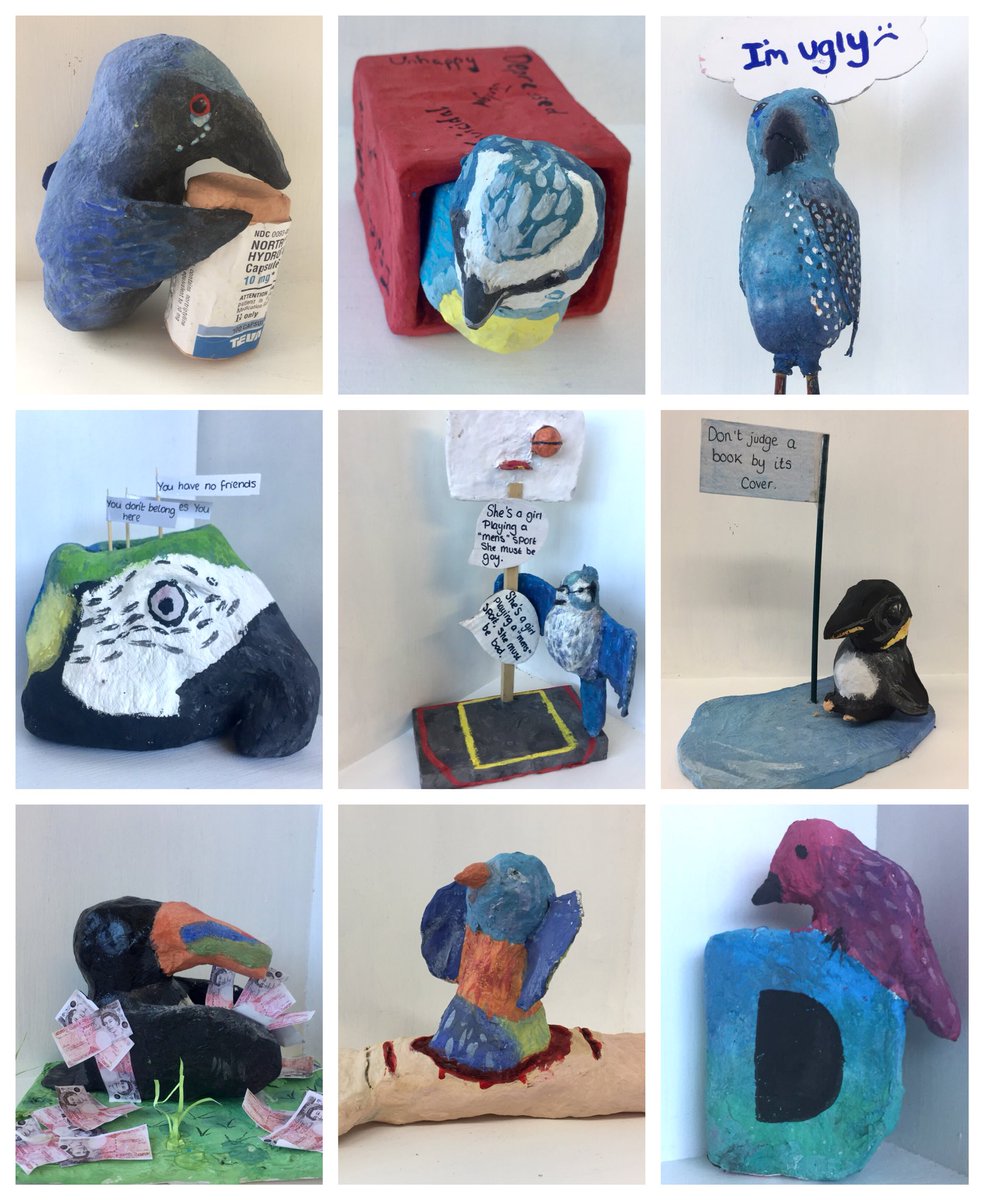 LouiseClazey's tweet photo. @MrGPrimary @VocabularyNinja @cazzash @chrisdysonHT @redgierob @WatsEd @TheTeacherTrain @MrBoothY6 @MissSDoherty @smithsmm @Snotlady5 Check out these pieces from Y9. I love doing this project #birdswithissues π https://t.co/yw0EAXpURy