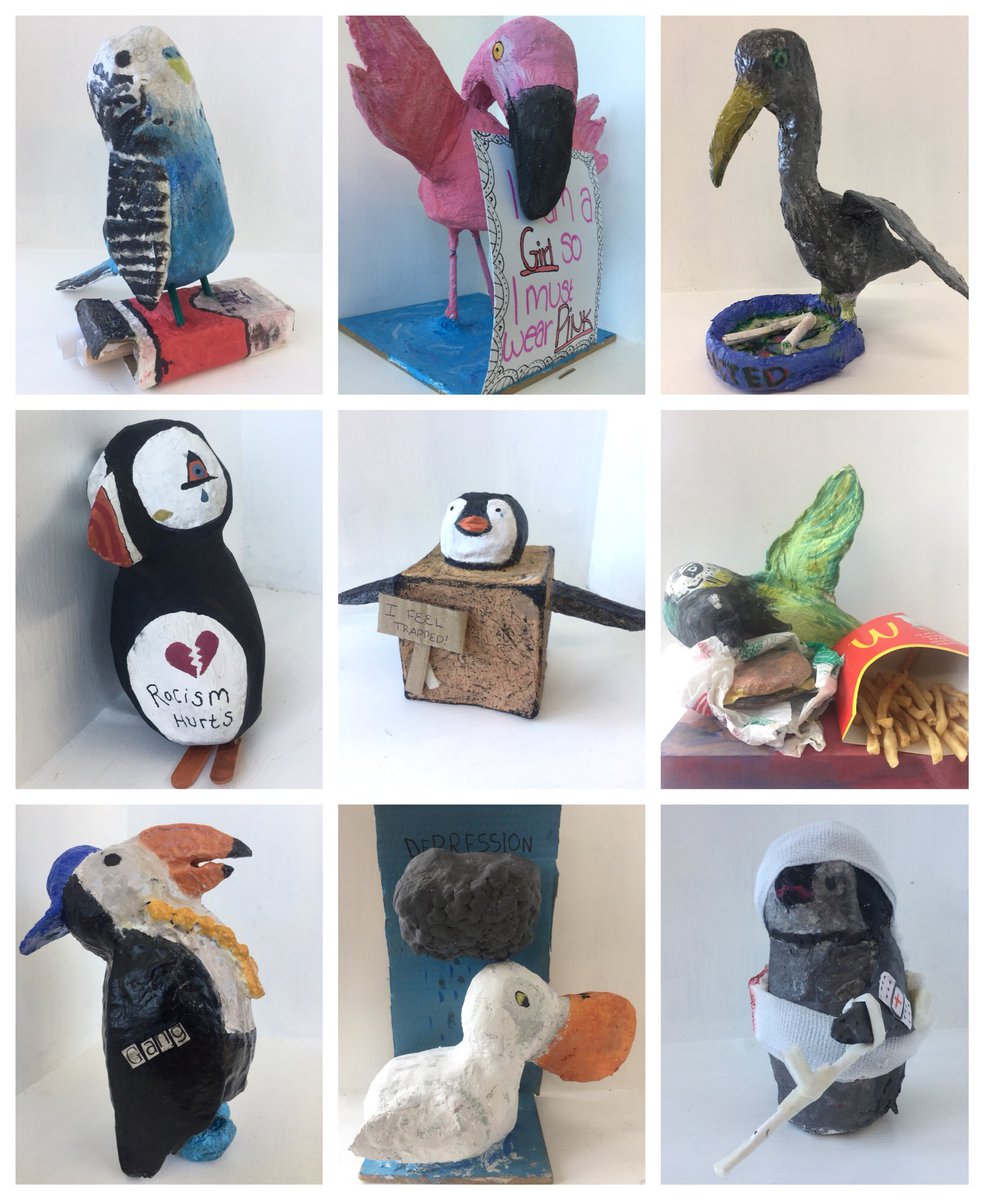 LouiseClazey's tweet photo. @MrGPrimary @VocabularyNinja @cazzash @chrisdysonHT @redgierob @WatsEd @TheTeacherTrain @MrBoothY6 @MissSDoherty @smithsmm @Snotlady5 Check out these pieces from Y9. I love doing this project #birdswithissues π https://t.co/yw0EAXpURy