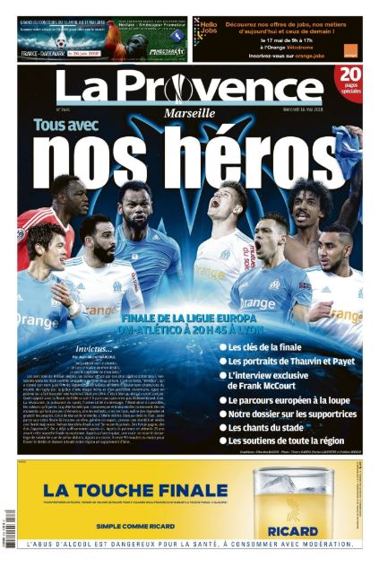 Footballogue's tweet photo. [#UEL🏆] La Une de demain de La Provence : "Tous avec nos héros" https://t.co/bKXZK1mLZq