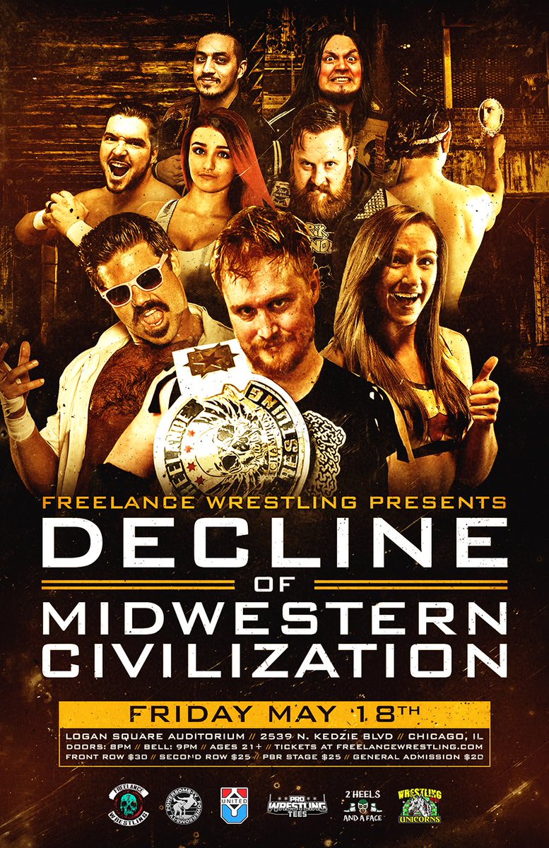 FreelanceWres's tweet photo. This Friday night! Freelance returns to Logan Square for “Decline of Midwestern Civilization”! 
Doors at 8pm bell at 9pm. 21+

Featuring 3 Title matches and the return of the Freelance Rumble! 

Get your tix at https://t.co/cwB8xqtXHe or watch live on https://t.co/JQ5fgEF0Dy! https://t.co/pkITx5vchR