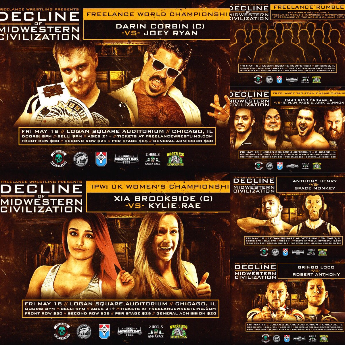 FreelanceWres's tweet photo. This Friday night! Freelance returns to Logan Square for “Decline of Midwestern Civilization”! 
Doors at 8pm bell at 9pm. 21+

Featuring 3 Title matches and the return of the Freelance Rumble! 

Get your tix at https://t.co/cwB8xqtXHe or watch live on https://t.co/JQ5fgEF0Dy! https://t.co/pkITx5vchR
