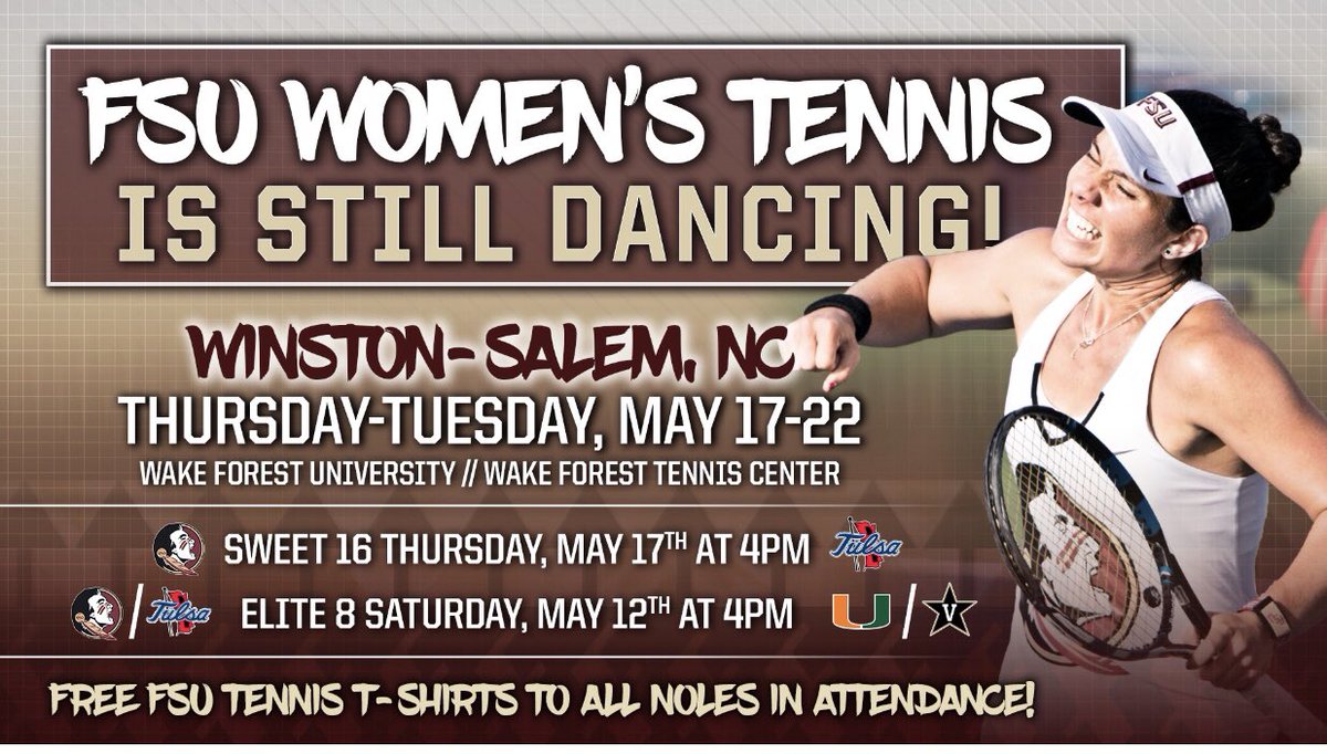 FSU_WTennis's tweet photo. Calling all @CLTSeminoleClub Noles. Your FSU W Tennis team is in NC for the NCAA SWEET 16! We play this TH at 4p against Tulsa at Wake Forest. If raining we play TH 5p at Cone Kenfield TC at UNC. COME SUPPORT our next step to the ELITE 8! GO NOLES! #DoSomething #DoSomethingMore https://t.co/eTKwRwYsGS