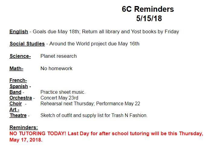 Baker6c's tweet photo. Homework Slide for Tuesday, May 15, 2018 https://t.co/f0UYEsOU0D