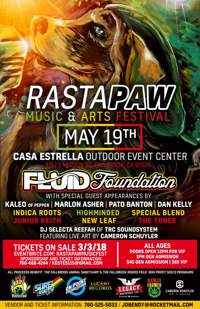 SurfRootsRadio's tweet photo. We are proud to sponsor the #RastaPaw Festival this Saturday! A benefit for the Fallbrook Animal Sanctuary (San Diego). With #FluidFoundation, @PatoBanton, Kaleo of @Pepperlive, Dan Kelly of @FortunateYouth, #MarlonAsher come out for a great cause! https://t.co/WALXUH0zwZ 🐶 https://t.co/Tz38Tb3Eky