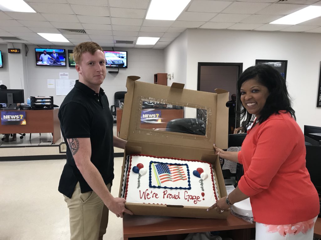 wdam's tweet photo. Join us as we say goodbye to our associate producer Gage Butler. Gage is leaving us for basic training at Fort Benning, GA. Congratulations, Gage. We’re proud of you! @galeanTV https://t.co/pkHv4EfHq3