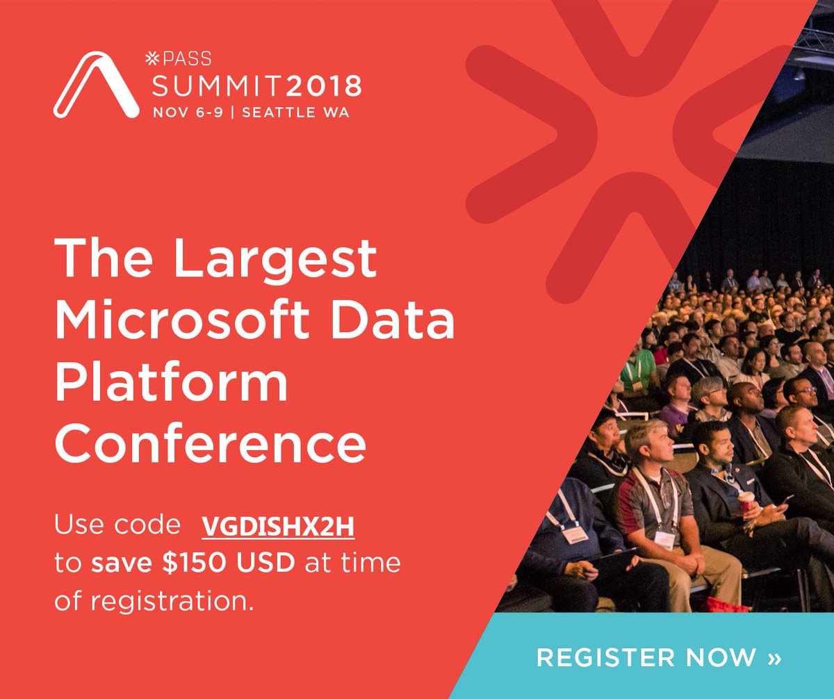 PASSAppDev's tweet image. Save $150 at time of registration for PASS Summit 2018 #sqlpass #AppDev #SQL #PASS use code VGDISHX2H