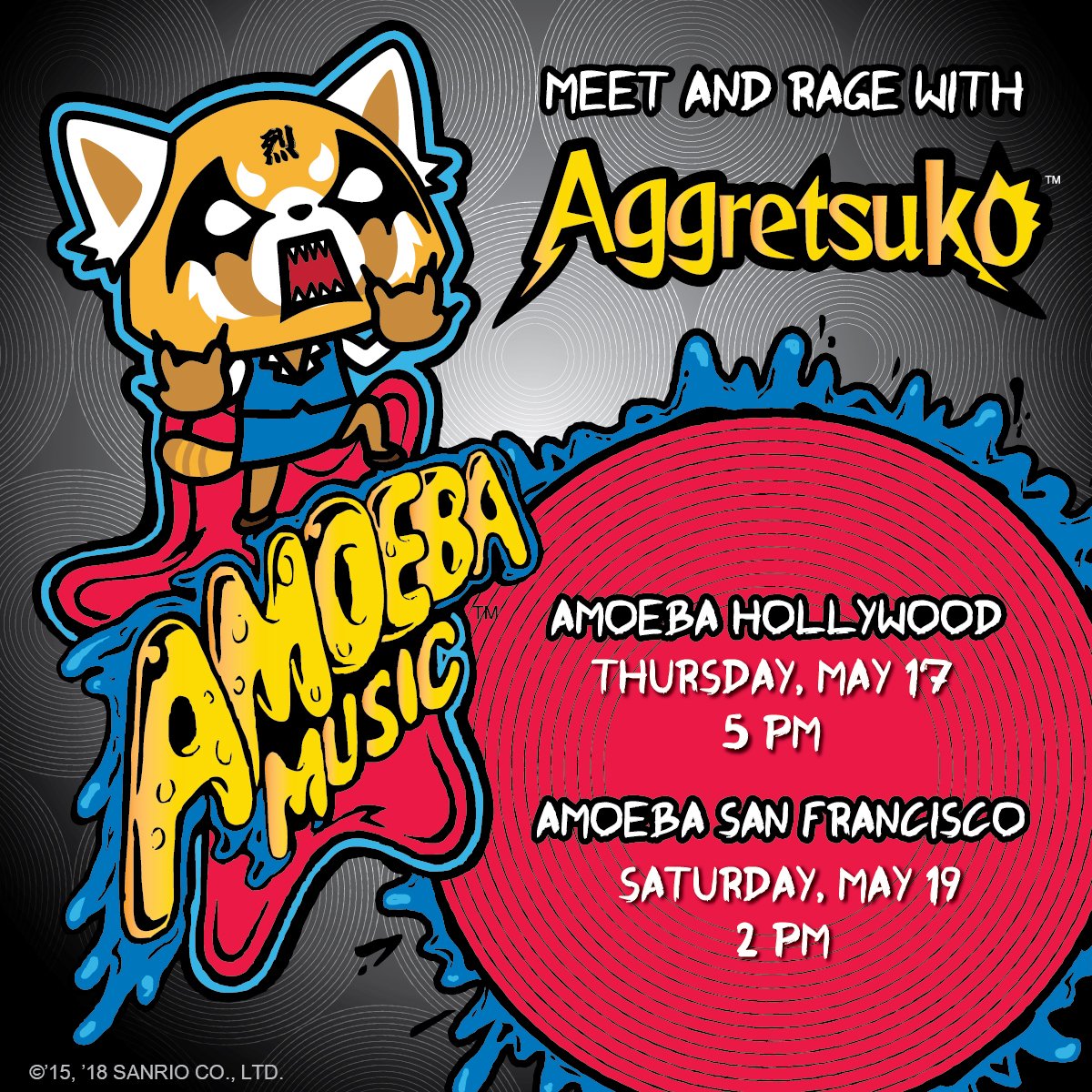 aggretsuko's tweet photo. #LA and #SF, have you marked your calendars?! Come RAGE with #Aggretsuko as she makes appearances at @AmoebaHollywood and @AmoebaSF this week!!! Visit: https://t.co/X0qSgp5lxN for all details 🤘 🤘 🤘 https://t.co/a2eYfdhBS4