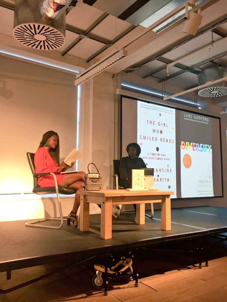 junesarpong's tweet photo. Simply humbling to listen @clemantine1 share her story of surviving the horrors of war and going to build a purposeful life full of with joy. She shows us all that no matter what there is always a brighter tomorrow. @Foyles thanks for having us. #Girlwhosmiledbeads #Diversify https://t.co/EoUsJrVBmx