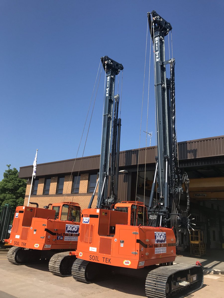 AGDEquipment's tweet photo. Blue skies and our #Soiltek S80-CFA piling rigs are basking in the sun having some minor adjustments before heading off on hire. One to @DWM_Civils in Redditch installing H beams for a king post wall, the other to @KeltbrayGroup @andyappleton72 pre augering @TidewayLondon https://t.co/qQqcMDsyIQ