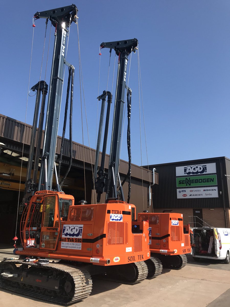 AGDEquipment's tweet photo. Blue skies and our #Soiltek S80-CFA piling rigs are basking in the sun having some minor adjustments before heading off on hire. One to @DWM_Civils in Redditch installing H beams for a king post wall, the other to @KeltbrayGroup @andyappleton72 pre augering @TidewayLondon https://t.co/qQqcMDsyIQ