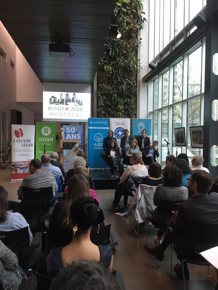MdMCanada's tweet photo. Notre président Dr Nicolas Bergeron s'est exprimé au rdv #ONG7 ce matin sur l'importance d'agir pour les 65 millions de personnes en déplacement forcé dans le monde afin qu'elles aient accès à une protection sociale et aux soins de santé @HI_Canada @g7 #G7Charlevoix @nbergeronMdM https://t.co/TlT7V0G4LJ