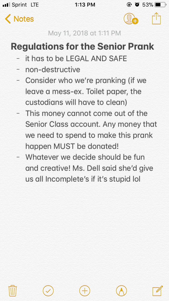 concordhigh18's tweet photo. Don’t forget about the Senior Prank meeting on the blacktop tomorrow during lunch! Come if you want to be involved in choosing the prank and bring ideas!! Here are the regulations again https://t.co/UhhFfqCeEy