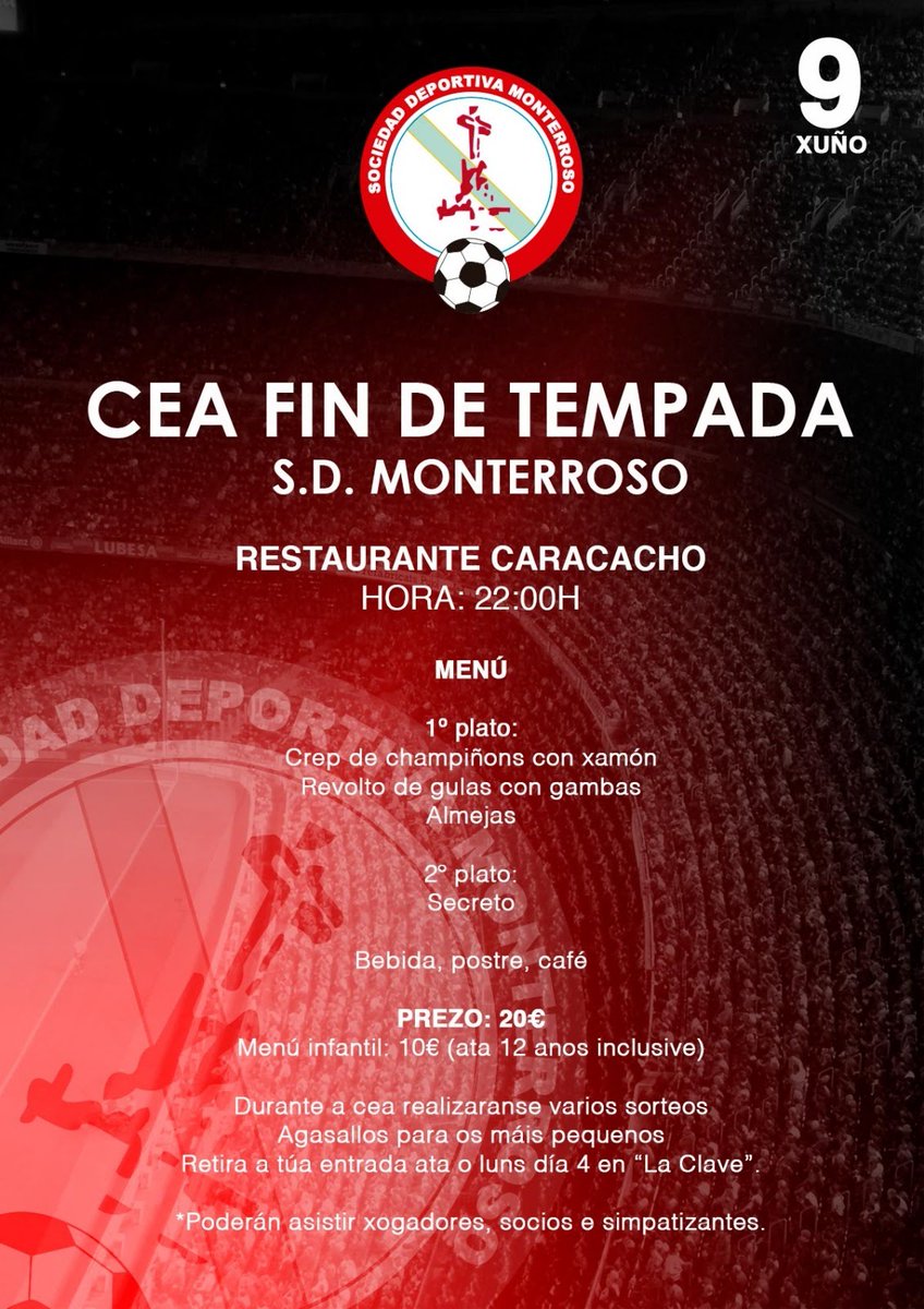 MonterrosoSD's tweet photo. Xa temos data para celebrar o fin de tempada, non quedes sen a túa entrada! #sdmonterroso #ceafindetempada #goreds! https://t.co/Yqbtav5piU
