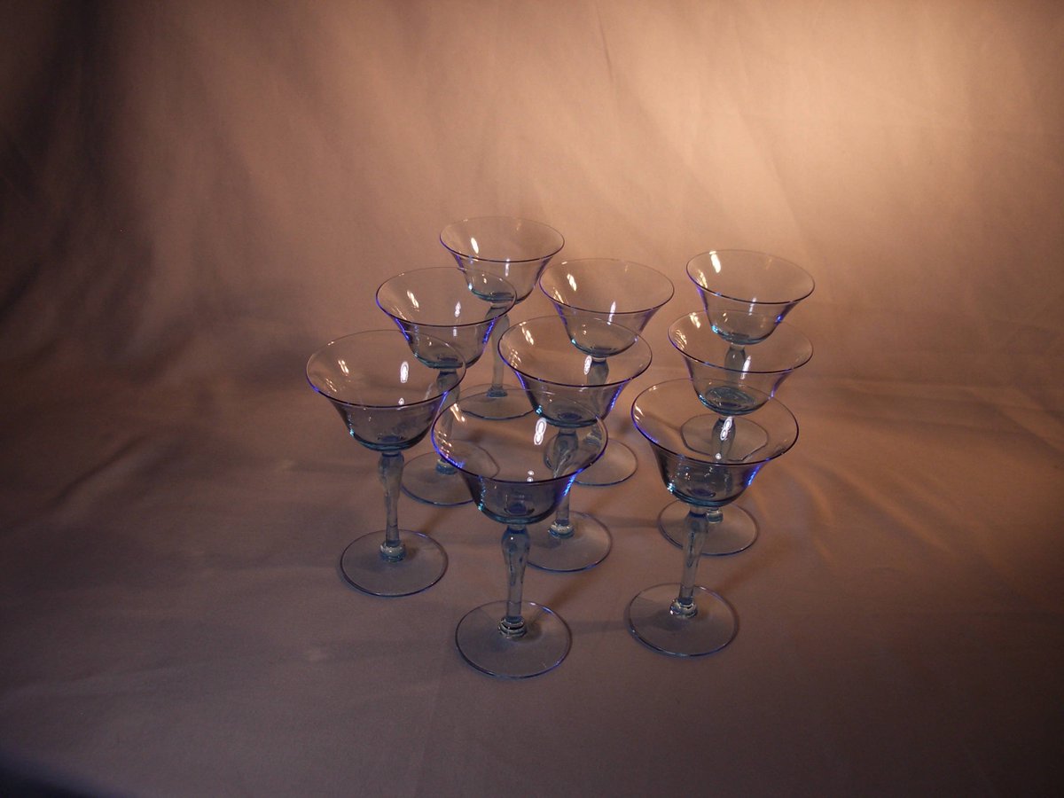 Lovely Blue Hand Blown Crystal Cocktail Glasses - Nine Pieces - Tiffin Coronet 2822 Stems  etsy.me/2IpuLto #housewares #blue #housewarming #newyears #no #glass #blueglass #bluecrystal #crystal #midcenturybar MCMbarware #prewarbar