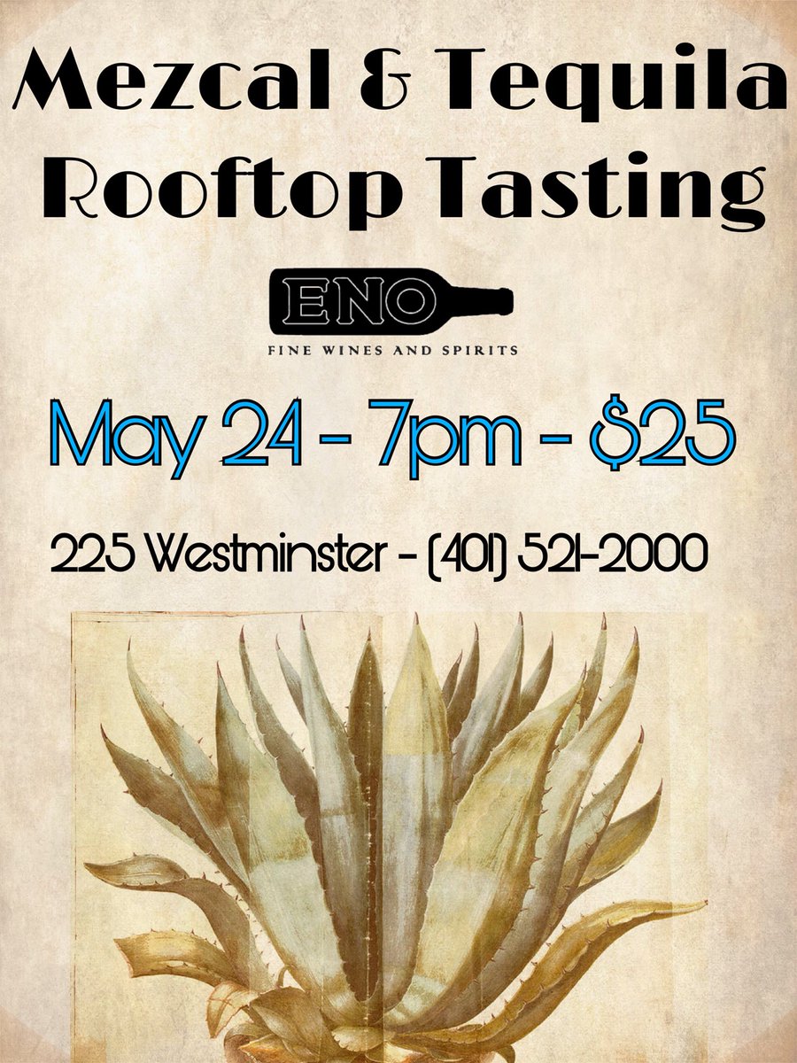Holy smokes!  Rooftop tasting next Thursday: artisanal tequila and mezcal!  This ticketed event has limited space so make sure you grab tickets (in shop or over the phone) before they’re gone! 🌈 
#rooftoptasting #tequilatasting #mezcaltasting #agave #enofinewines #indowncitypvd